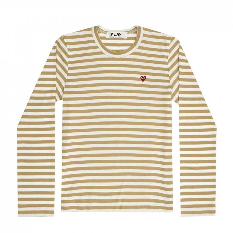 Herre Comme des Garcons Play | Comme Des Garcons Play Ls Men'S Striped Khaki/W Genser- Khaki