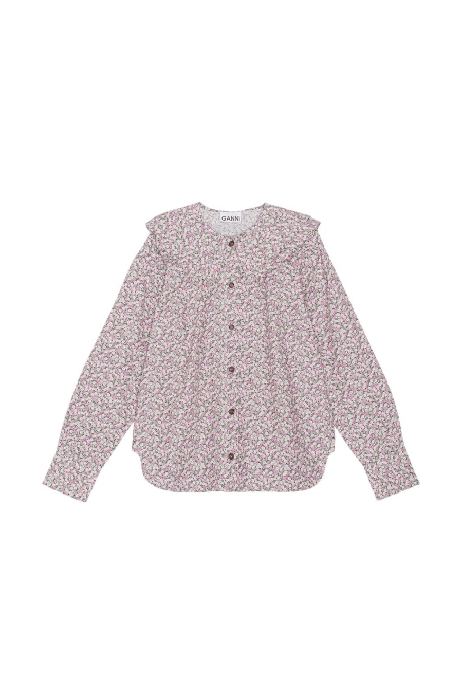 Dame Ganni | Ganni Printed Cotton Double-Collar Shirt Skjorte Rosa Monster