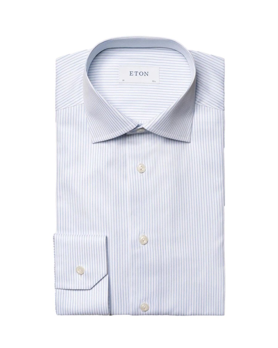 Herre Eton | Eton Light Blue Fine Striped Cotton-Tencel Shirt Skjorte Lysebla Striper