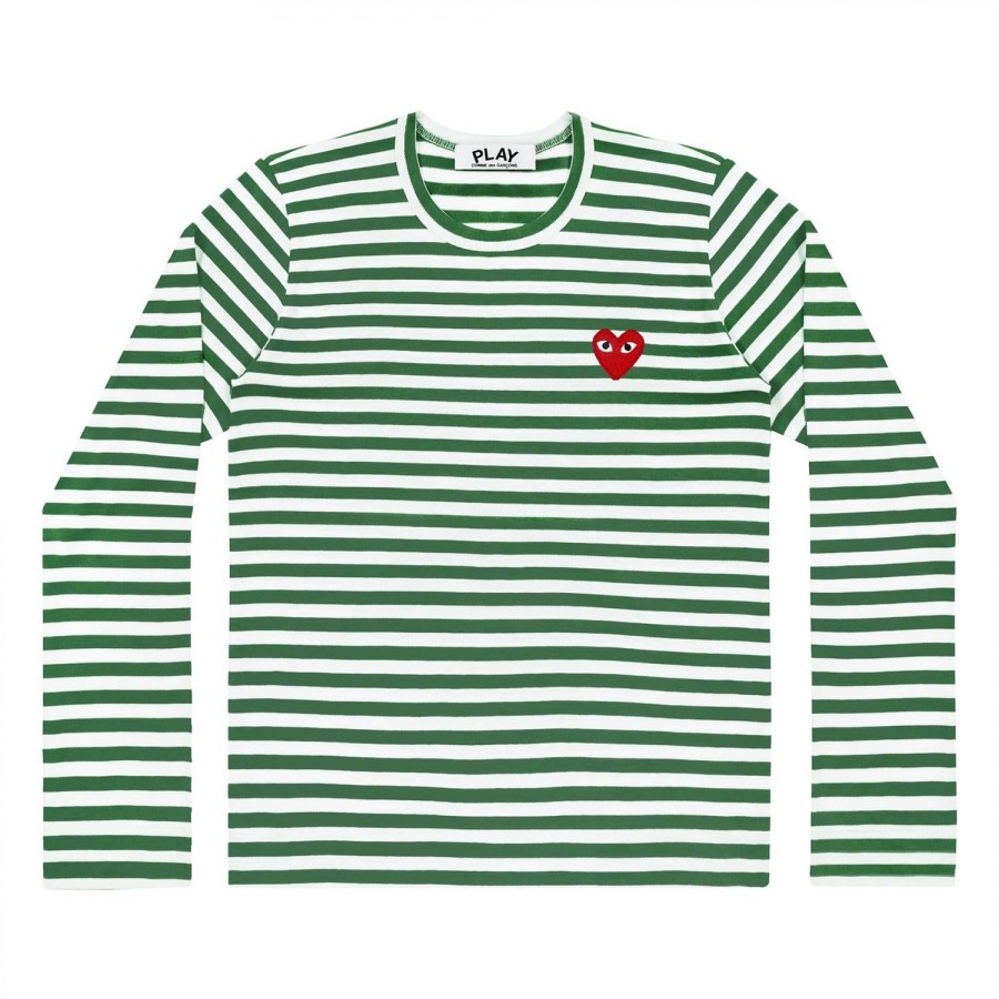 Herre Comme des Garcons Play | Comme Des Garcons Play Men'S Ls Green Striped Genser- Gronn