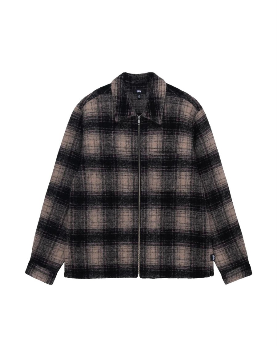 Herre Stussy | Stussy Wool Plaid Zip Shirt Jakke Beige Ruter