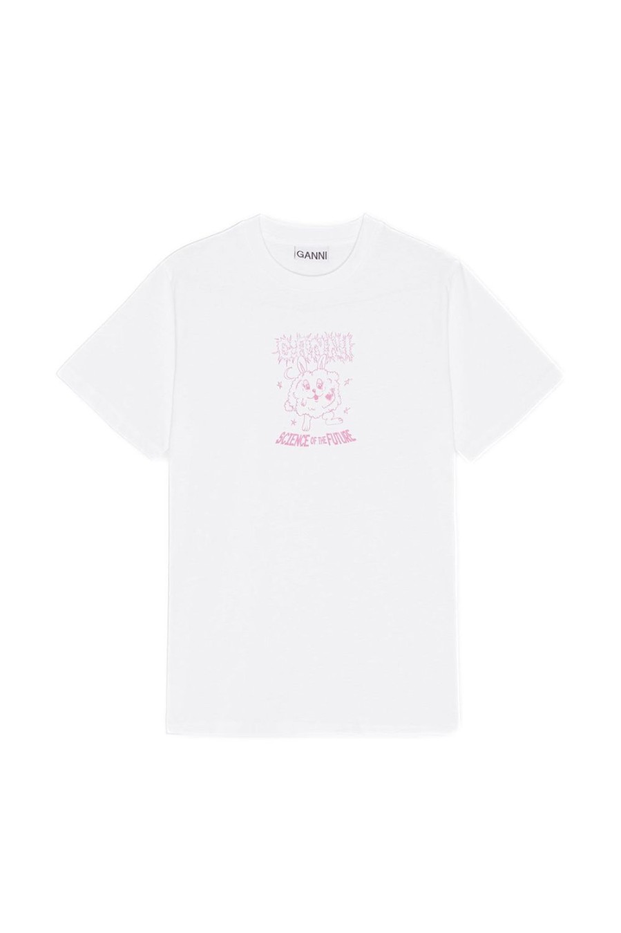 Dame Ganni | Ganni Pink Bunny Relaxed T-Shirt T-Shirt Hvit Og Rosa