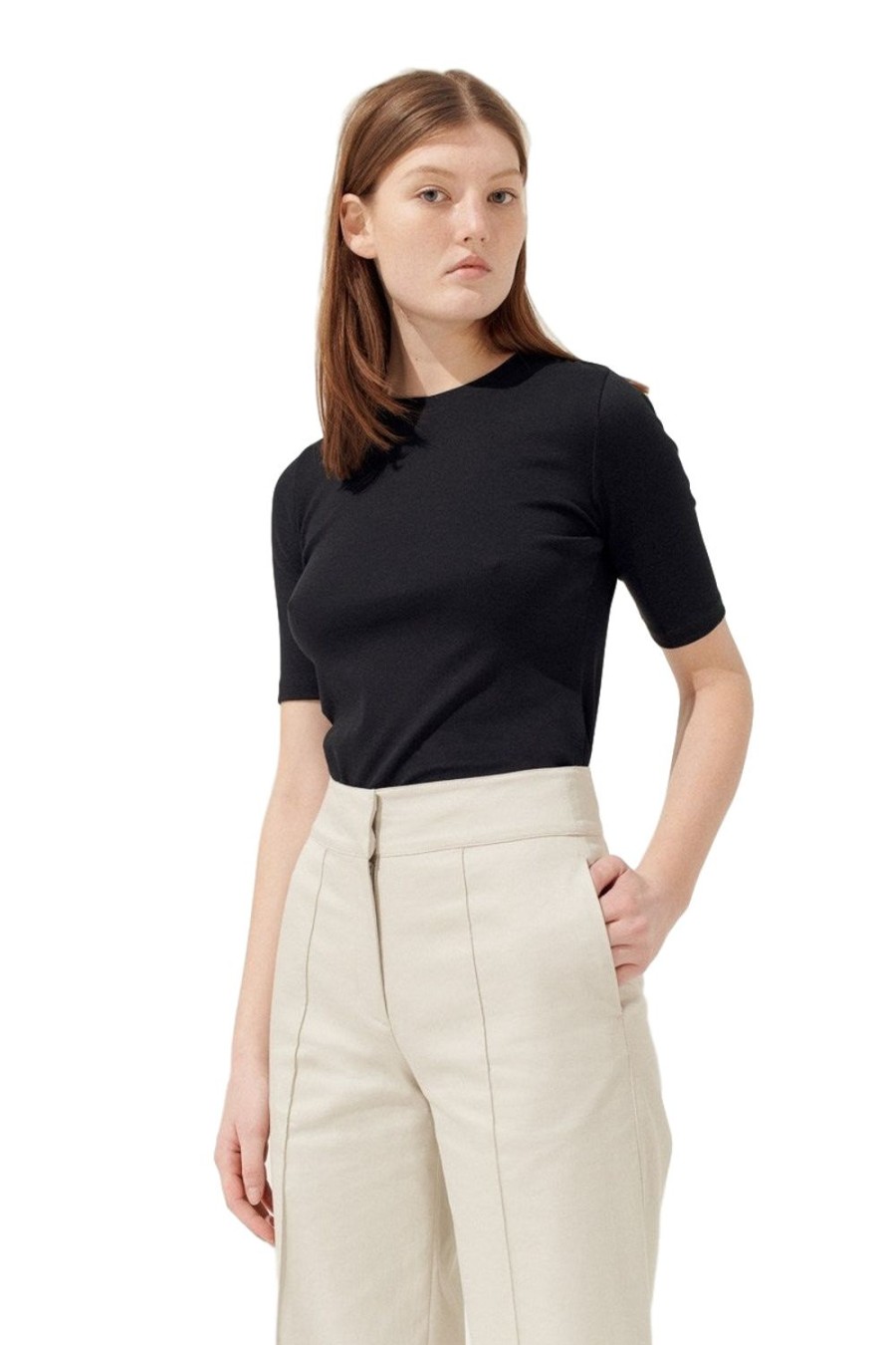 Dame Julie Josephine | Julie Josephine Half Sleeve Roundneck Rib Tee T-Shirt Sort