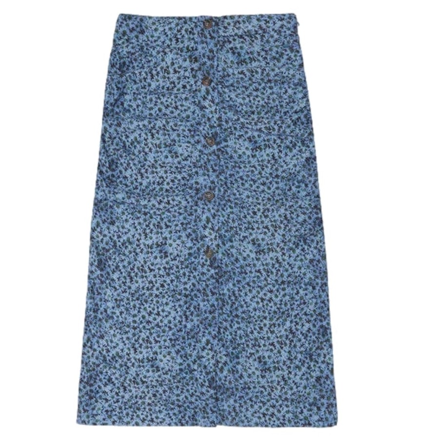 Dame Ganni | Ganni Printed Crepe Ruched Skirt Skjort Bla Monster