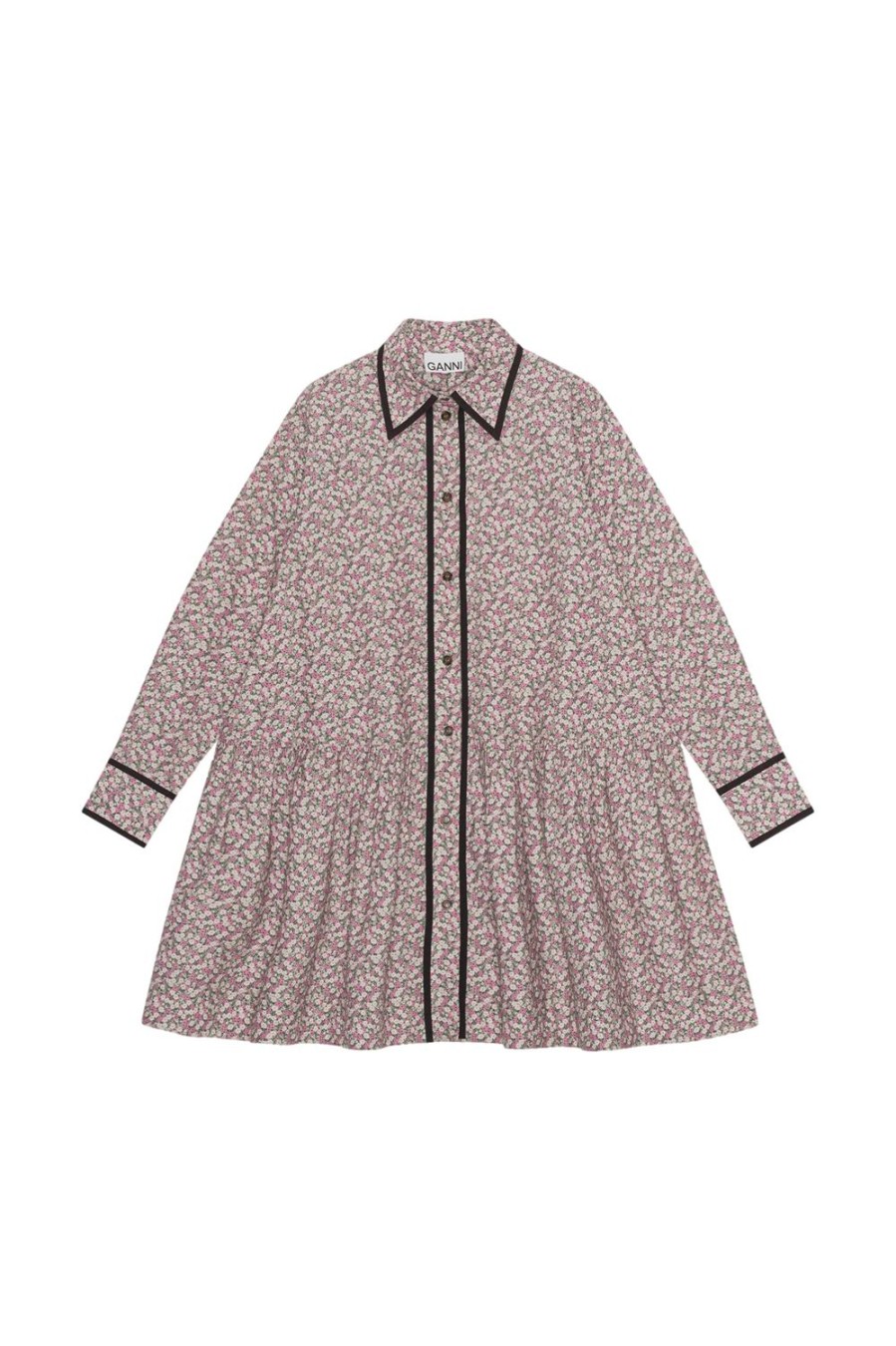 Dame Ganni | Ganni Printed Cotton Mini Shirt Dress Kjole Rosa Monster