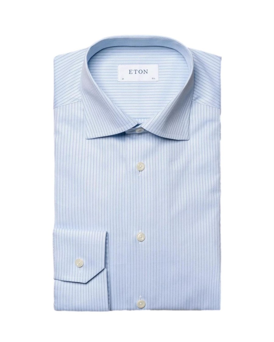 Herre Eton | Eton Light Blue Striped Signature Twill Shirt Skjorte Stripet